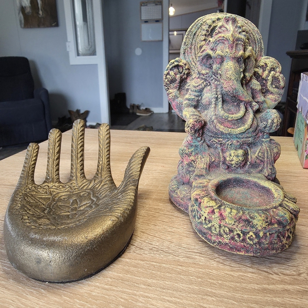 Colorful Ganesha Statue / Candle Holder and Gold Hand Trinket Tray